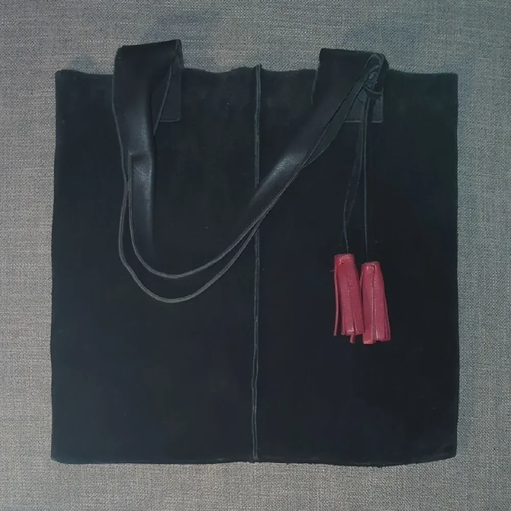 Black Suede Tote Bag with Red Leather Tassel Accents